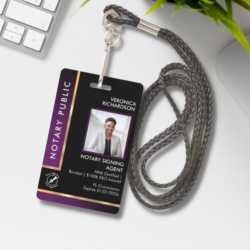 Professional Black  Purple QR Notary Photo ID Badge