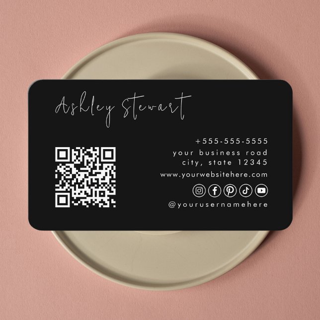 Professional Black Qr Code Logo Minimal Script Business Card (Creator Uploaded)