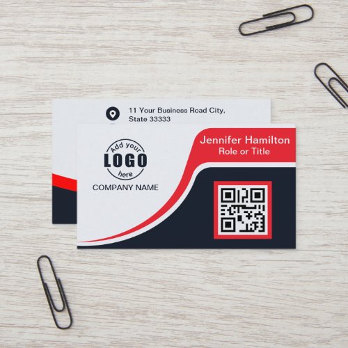 Professional Black Red add your Logo QR Code  Busi Business Card