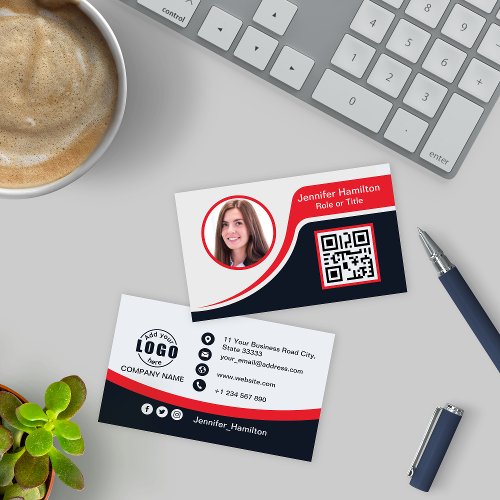 Professional Black Red add your Logo QR Code Busin Business Card