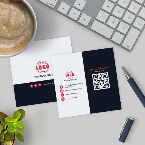Professional Black Red add your Logo QR Code Square Business Card