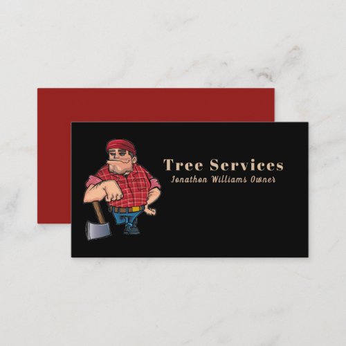 Professional Black  Red Tree Service Cartoon Guy Business Card