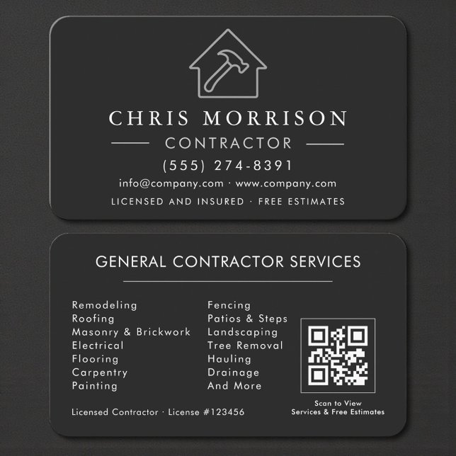Professional Black & Silver Contractor QR Code Business Card (Creator Uploaded)