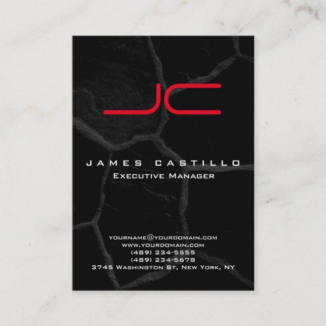 Professional Black Stone Red Bold Monogram Business Card (Front)