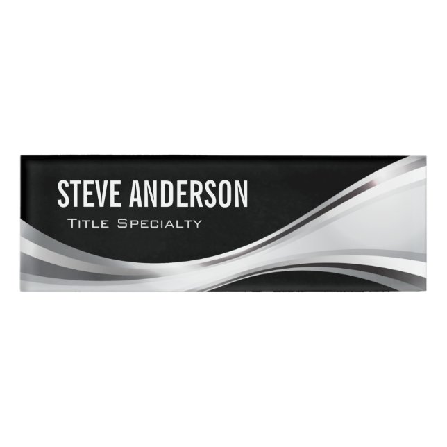 Professional Black Swirl Silver Metallic Style Name Tag (Front)