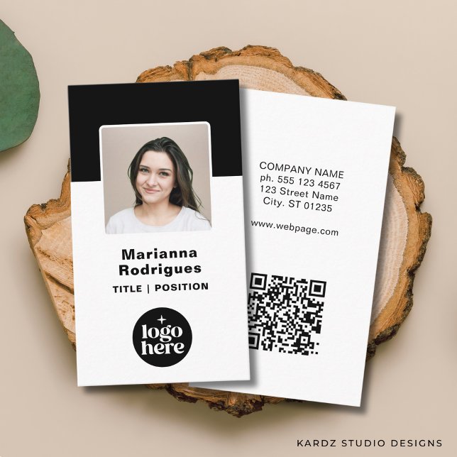 Professional Black White Business Logo Photo Card (Add business logo, photo and business information. Enter URL to create QR Code.)