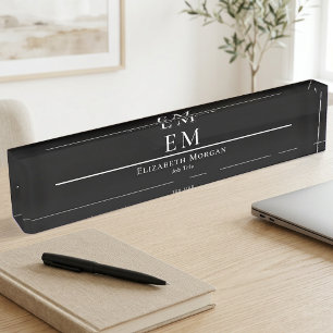 Professional Black White Modern Minimal Monogram  Desk Name Plate