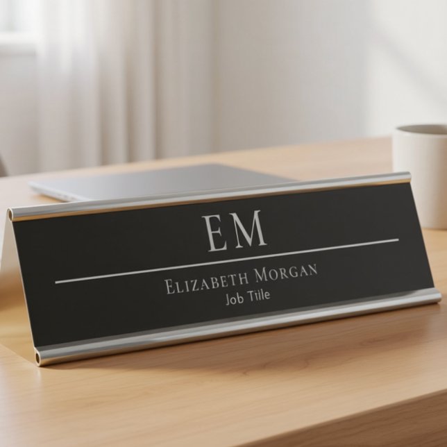 Professional Black White Modern Minimal Monogram  Desk Name Plate (Creator Uploaded)