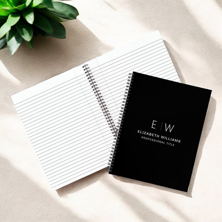 Professional Black White Monogram Business Initial Notebook