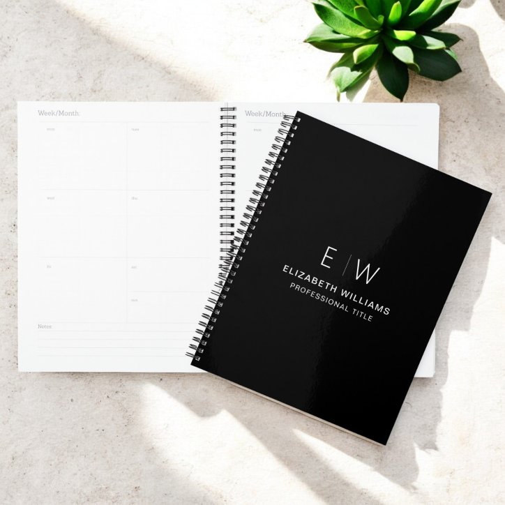 Professional Black White Monogram Business Initial Planner