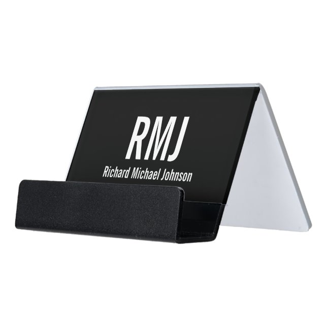 Professional Black & White Name Initials Monogram Desk Business Card Holder (Angled Front)