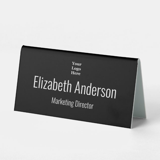Professional Black White Name Job Title Your Logo Table Tent (Front)