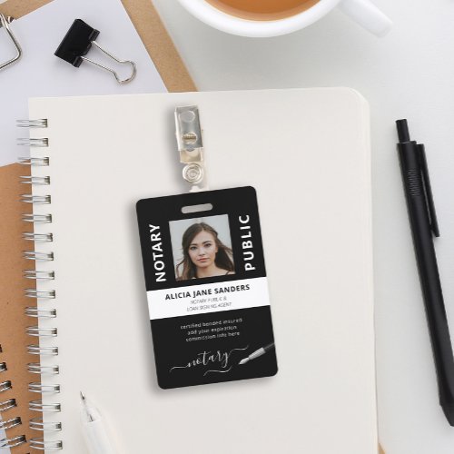 Professional black white notary signing agent badge