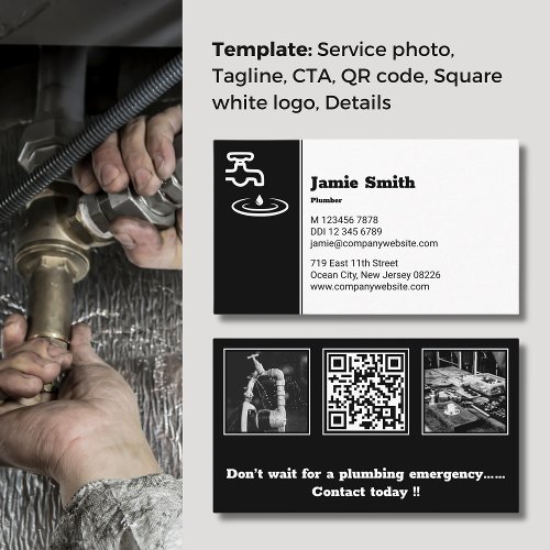 Professional Black  White Plumber Business Card