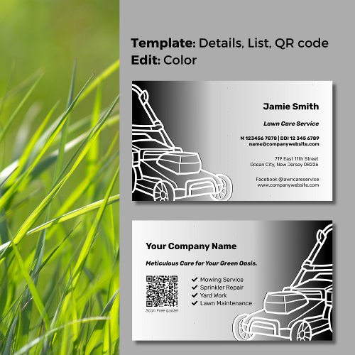 Professional Black White QR Code Design Lawn Care Business Card