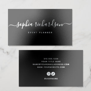 Professional Black with Modern Script Silver Foil Business Cards