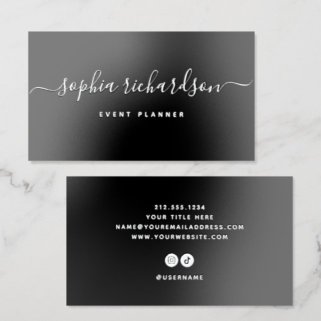 Professional Black with Modern Script | Silver Foil Business Cards (Front & Back)