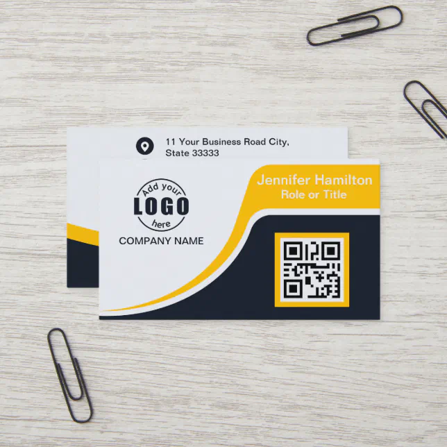 Professional Black Yellow add your Logo QR Code Bu Business Card | Zazzle