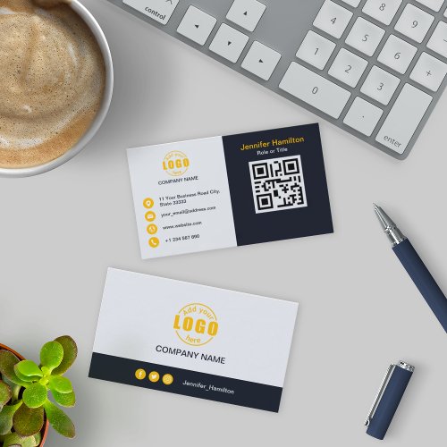 Professional Black Yellow add your Logo QR Code Business Card