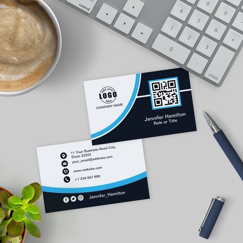 Professional Blue add your Logo QR Code Business Card