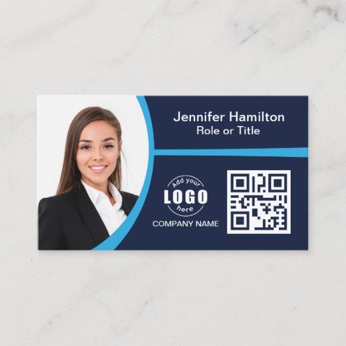 Professional  Blue add your Logo QR Code Business Card