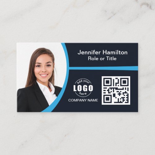 Professional  Blue add your Logo QR Code Business Card