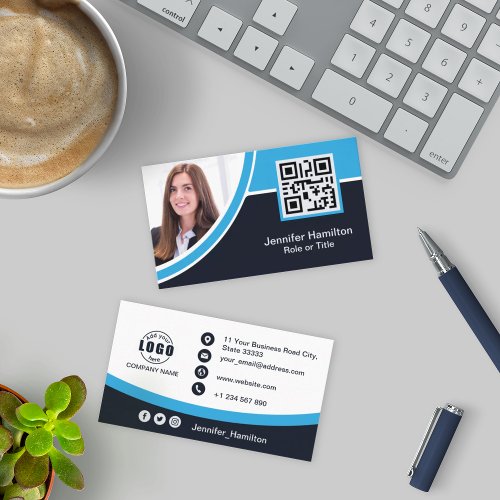 Professional Blue add your Logo QR Code Photo Business Card
