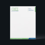 Professional Blue and Green Letterhead<br><div class="desc">© 2014 Socialite Designs. Green (#6AB564) and dark blue (#004B7F) color letterhead design elements create an elegant, yet modern, business letterhead design. We have included initials (monogram) for you to create your own personalized logo. All design elements can be moved, resized, rotated or deleted to suit your requirements. By customizing,...</div>