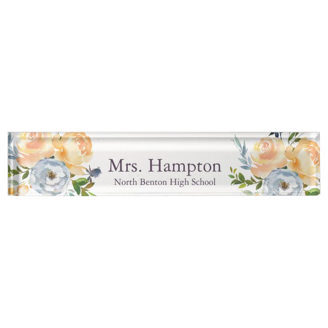 Professional Blue and Yellow Floral Teacher Desk Name Plate (Front)
