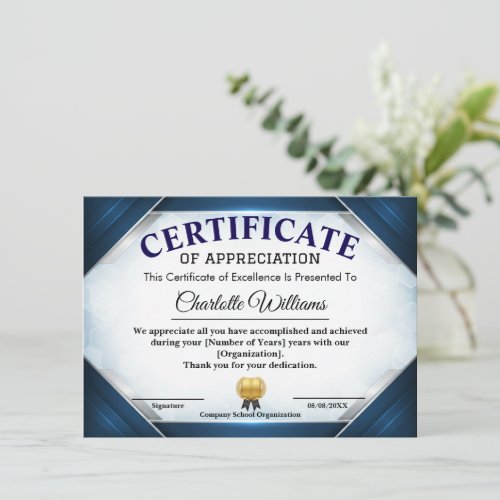 Professional Blue Appreciation Certificate