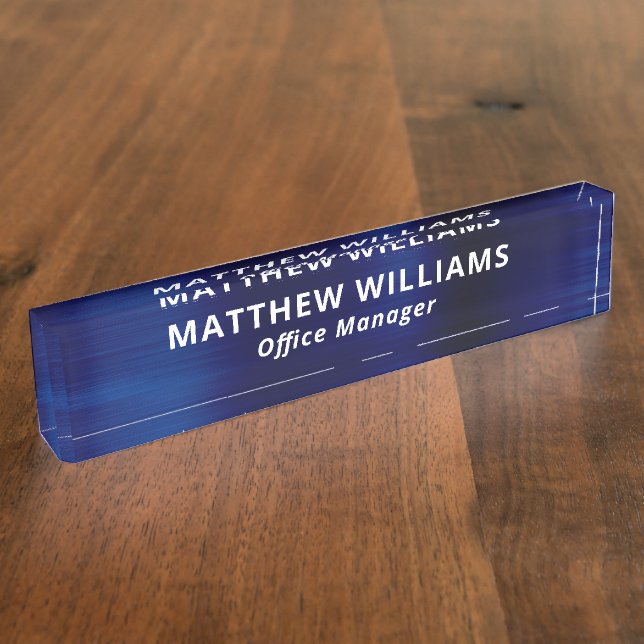 Professional Blue Faux Metal Custom Desk Name Plate (Side)