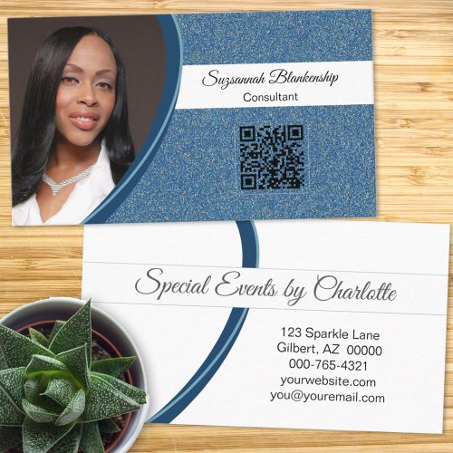 Professional Blue Glitter Custom Photo QR Code Business Card