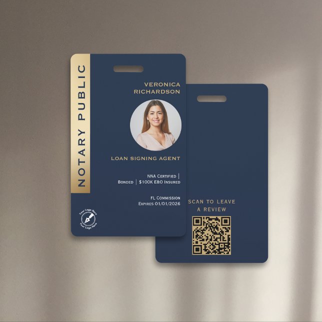 Professional Blue & Gold Notary QR Code Photo ID  Badge (Creator Uploaded)