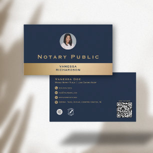 Professional Blue & Gold Photo Notary Business QR Card