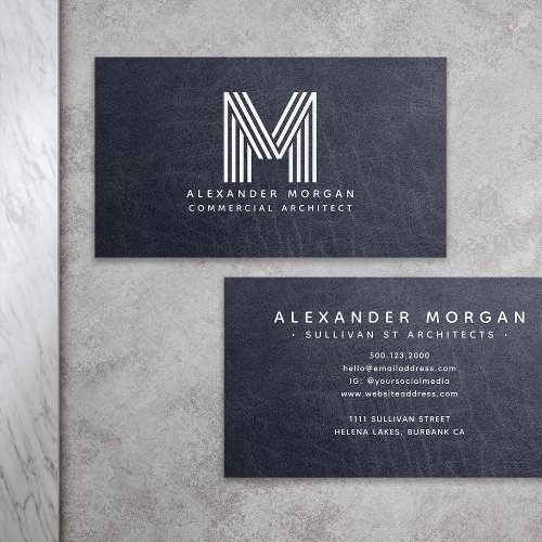 Professional Blue Leather Monogram Business Card