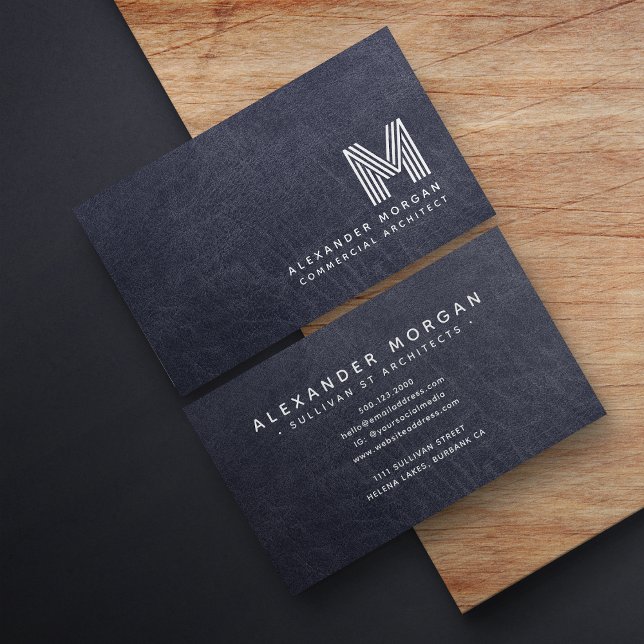 Professional Blue Leather Monogram Business Card (Creator Uploaded)