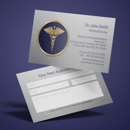 Professional Blue Medical Gold Caduceus Reminder Appointment Card