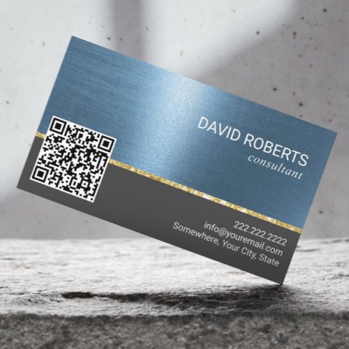 Professional Blue Metallic QR Code Business Card