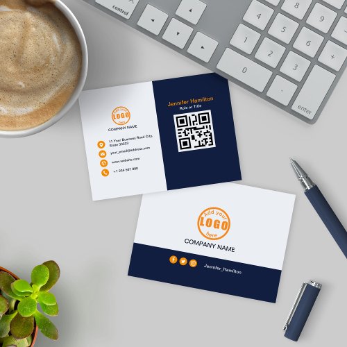 Professional Blue Orange add your Logo QR Code Business Card