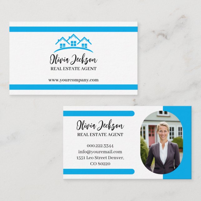 Professional Blue Real Estate Agent Photo Business Card (Front/Back)