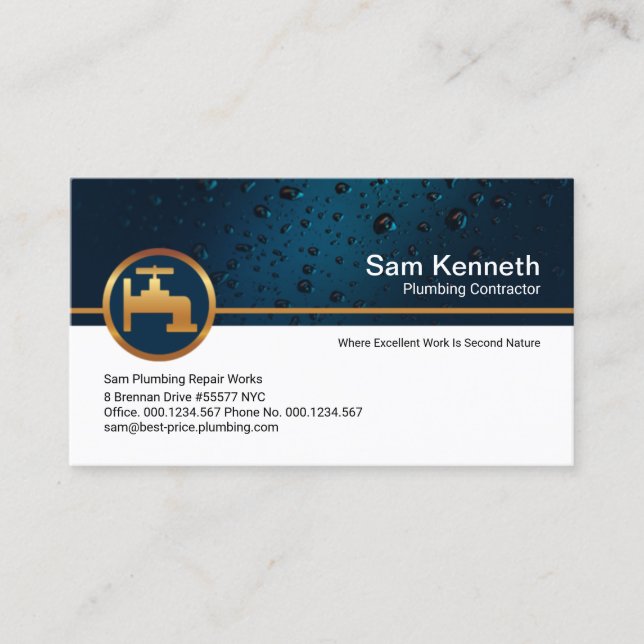 Professional Blue Water Drop Gold Faucet Plumber Business Card (Front)