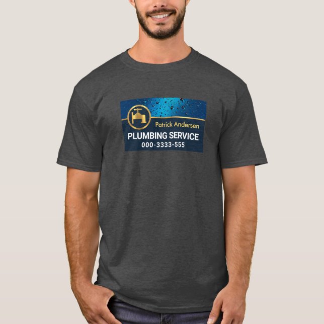Professional Blue Water Drops Gold Faucet Plumber T-Shirt (Front)
