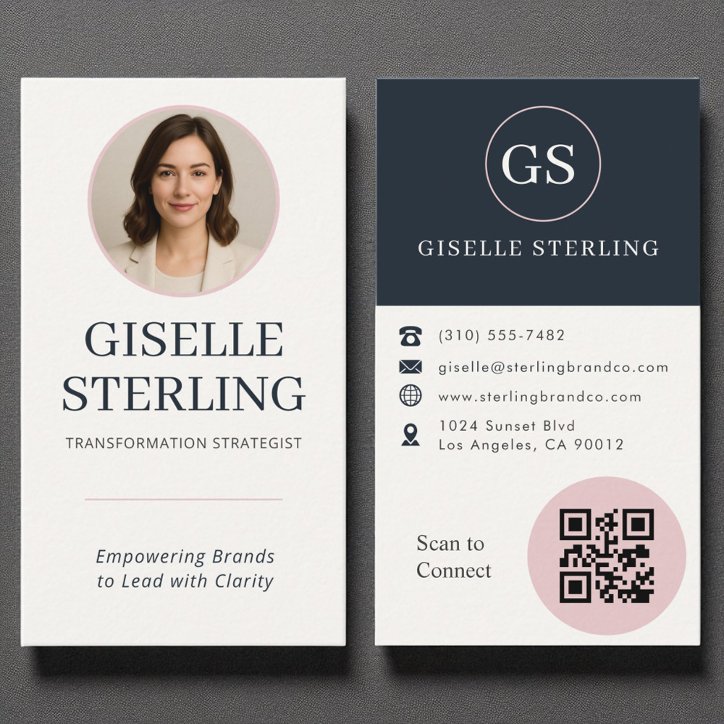 Professional Blush Navy Photo QR Code Modern Business Card
