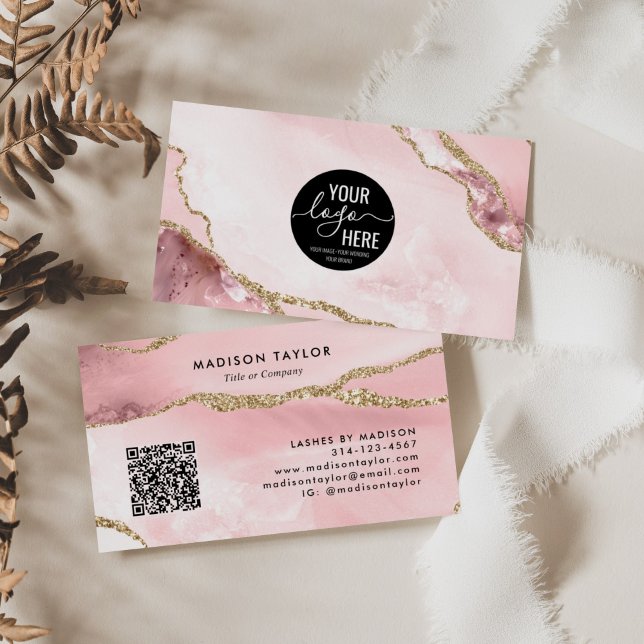 Professional Blush Pink Agate Company Logo QR Code Business Card (Creator Uploaded)