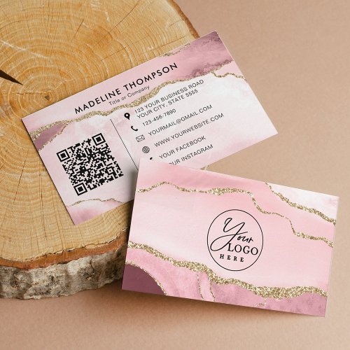 Professional Blush Pink Agate Company Logo QR Code Business Card