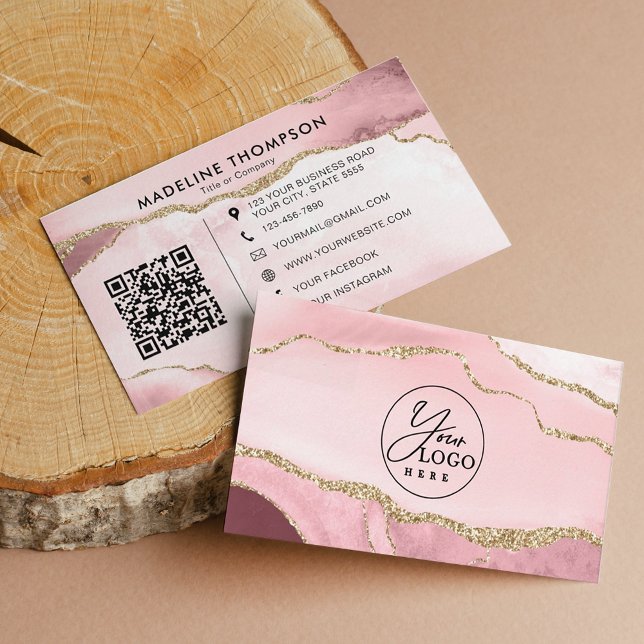 Professional Blush Pink Agate Company Logo QR Code Business Card (Creator Uploaded)