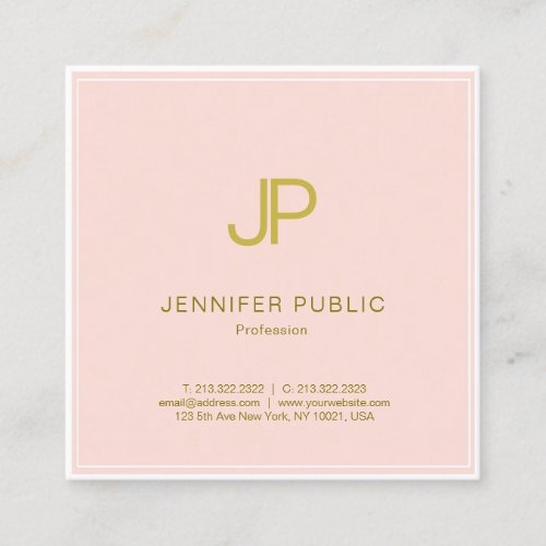Professional Blush Pink Gold Elegant Monogram Square Business Card