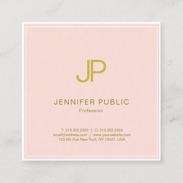 Professional Blush Pink Gold Elegant Monogram Square Business Card (Front)