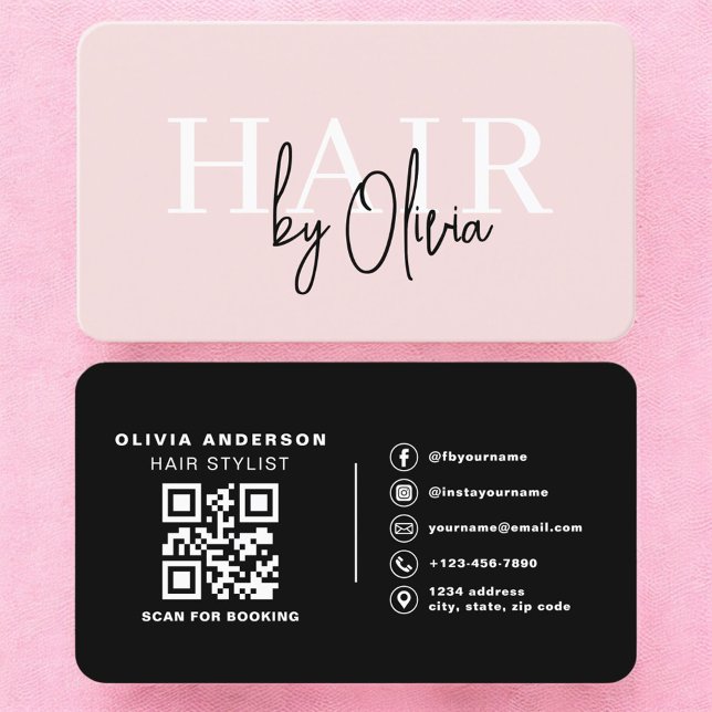 Professional Blush Pink Hair Stylist QR Code Business Card (Creator Uploaded)