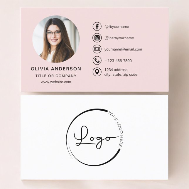 Professional Blush Pink Photo Logo Social Media Business Card (Creator Uploaded)
